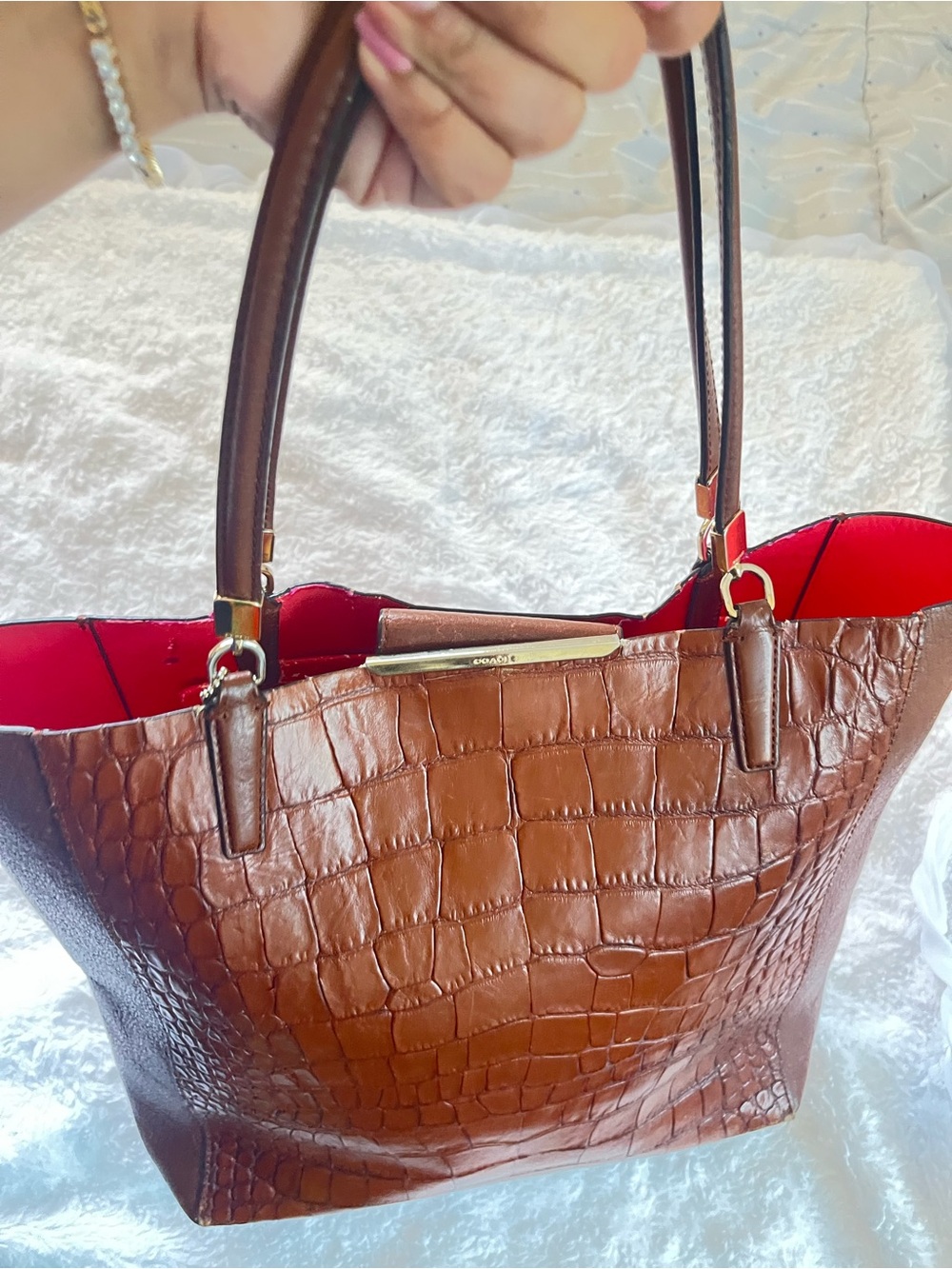 Coach Croc-Embossed Leather Tote in Cognac Brown - Picture 9 of 13
